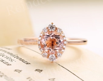 Morganite engagement ring rose gold | Vintage engagement ring  | Halo set Diamond Moissanite Bridal Jewelry | Anniversary s for her