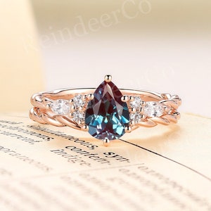 Pear cut lab alexandrite engagement ring set vintage marquise cut moissanite diamond ring twist ring rose gold curved band unique bridal set