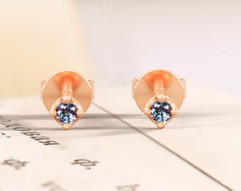 Alexandrite Charm Earrings Studs,Unique Solitaire Earrings Studs,Delicate 14K Rose Gold Claw Prongs Earring,Birthstone Anniversary Earrings