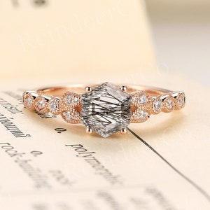Vintage hexagon shaped black rutilated quartz engagement ring art deco rose gold ring promise ring unique moissanite anniversary ring