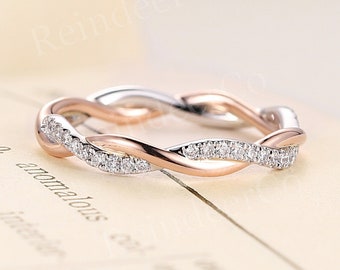 Moissanite/Diamond wedding band rose gold band twisty band Vintage stacking ring Unique ring anniversary ring women ring