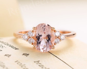 Morganite engagement ring  | Oval cut engagement ring rose gold | Prong set Diamond Moissanite Jewelry | Seven stone Anniversary s