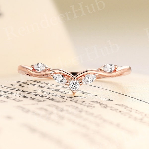 Vintage marquise shape moissanite curved wedding band unique stacking matching band rose gold art deco round anniversary promise bridal band