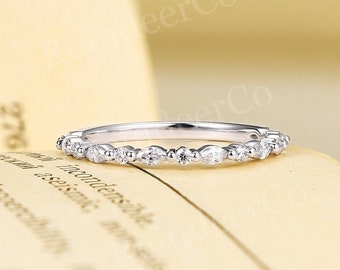 Marquise Schliff Weißgold Ehering|Vintage Moissanite Diamant Versprechen Ring|Unikat 3/4 Ewigkeit Stapelband|Art Deco Jahrestag Ring