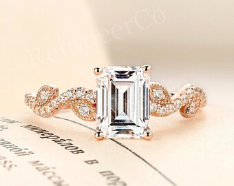 Vintage emerald cut moissanite engagement ring rose gold milgrain pave unique leaf ring prong delicate ring anniversary promise ring