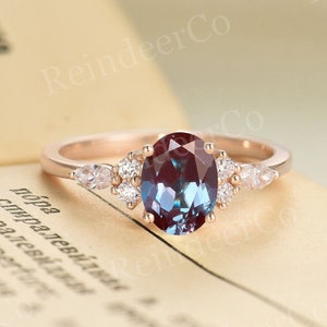 Vintage Oval Alexandrite Engagement Ring,Unique Rose Gold Ring,Cluster Marquise Cut Diamond Wedding Ring,Custom Anniversary Promise Ring