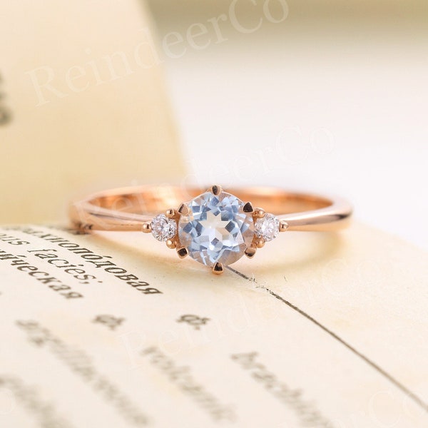 Aquamarine engagement ring  | Rose gold engagement ring Diamond Moissanite | Three stone Anniversary s for her | March birthstone