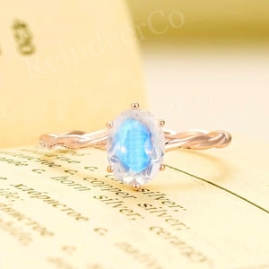 Vintage Oval Cut Moonstone Engagement Ring, Rose Gold Ring, Twisted Promise Ring, Antique Solitaire Wedding Ring, Anniversary Promise Ring