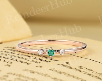 Lab Emerald engagement ring | Diamond/Moissanite ring rose gold | Three stone prong set ring | Delicate birthstone ring | Anniversary ring