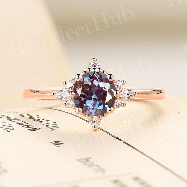 Round cut lab alexandrite engagement ring rose gold ring vintage marquise cut diamond ring art deco ring anniversary promise bridal ring