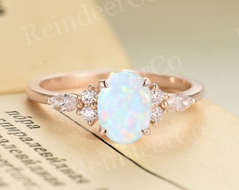 Unique Oval Natural Opal Engagement Ring - Delicate Rose Gold Cluster Moissanite/Diamond Promise Ring