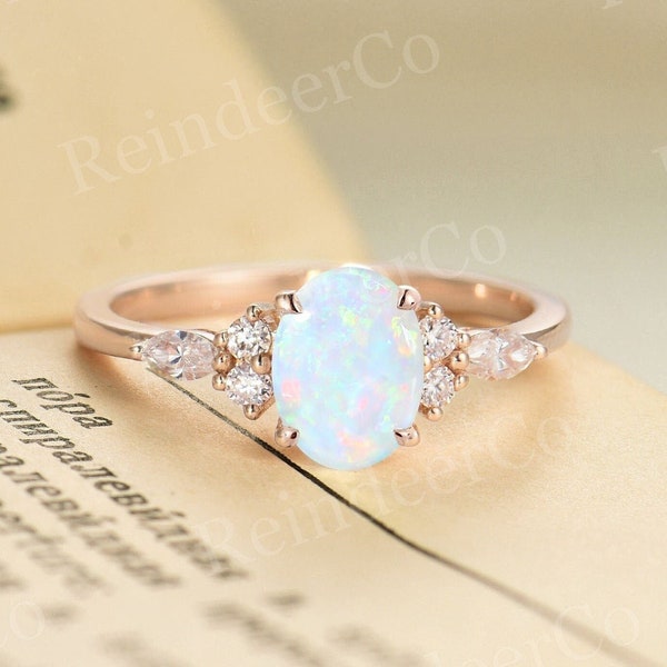Unique Oval Natural Opal Engagement Ring - Delicate Rose Gold Cluster Moissanite/Diamond Promise Ring