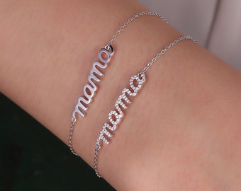 Mama's Bracelet Delicate HandWriting Bracelet White Gold Chain Dainty Round Cut Moissanite Pave Bracelet Special Mother's Day Gift for her