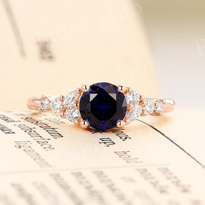 Round cut lab sapphire engagement ring rose gold diamond ring unique marquise cut cluster moissanite ring art deco anniversary promise ring