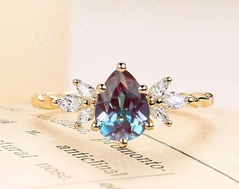 Vintage Pear cut Lab alexandrite engagement ring rose gold cluster ring marquise cut moissanite diamond ring unique yellow gold twisted ring