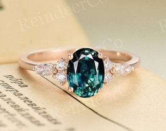 Vintage blau-grüner Saphir Verlobungsring Ovalschliff Roségold Verlobungsring Marquiseschliff Moissanit Diamant Verlobungsring |