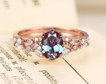 Oval cut lab Alexandrite engagement ring|Vintage rose gold etched anniversary ring|Antique moissanite/diamond bridal set|Unique promise ring