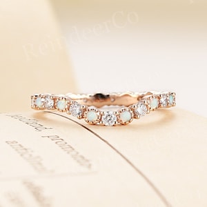 White opal band rose gold band Curved stacking matching ring Round cut Diamond/Moissanite wedding band full eternity ring women band