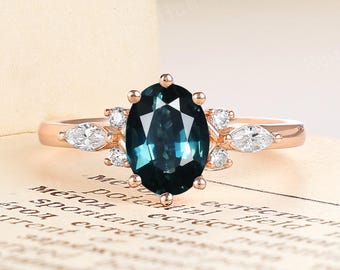 Anello di fidanzamento unico con zaffiro verde acqua naturale, delicato anello di promessa in oro rosa per donna