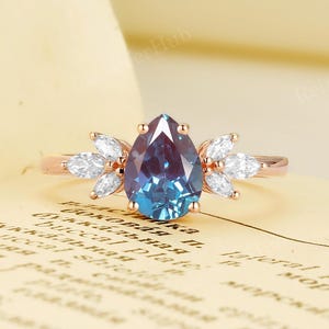 Unique Alexandrite Engagement Ring,Vintage Pear Cut Wedding Ring,14K Rose Gold Ring,Color Change Ring,Art Deco Anniversary Promise Ring