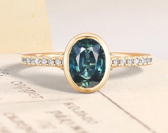 Modern Minimal Oval Natural Teal Sapphire Engagement Ring,Unique Bezel Set Yellow Gold Anniversary Rings