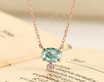 Vintage Oval Natural Moss Agate Necklace, 14K Rose Gold Necklace, Diamond / Moissanite Pendant, Bridal Necklace, Women&#39;s Birthstone Necklace
