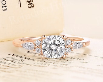 Cushion cut moissanite engagement ring vintage rose gold cluster bridal ring unique marquise cut ring gift for her anniversary promise ring