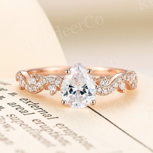 Vintage pear cut moissanite engagement ring antique rose gold ring round diamond pave ring unique twist prong ring anniversary promise ring