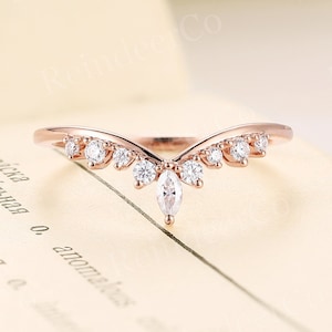Vintage Marquise Cut Moissanite/Diamond Curved Wedding Band,14K Rose Gold Stacking Promise Ring,Delicate Chevron Ring,Anniversary Ring
