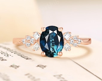 Unique Oval Natural Teal Sapphire Engagement Ring,14K Rose Gold Bridal Ring,Vintage Inspired Blue Green Gem Handmade Wedding Jewelry Gift