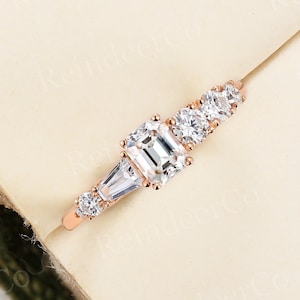 Vintage emerald cut moissanite engagement ring rose gold ring tapered baguette cut cz ring art deco ring unique anniversary promise ring