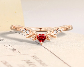Gothic Heart Cut Ruby Bat Curved Wedding Band,14K Rose Gold Ring,Nature Inspired Handmade Jewelry,Unique Anniversary Gift Everyday Wear