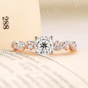 Cushion cut moissanite engagement ring antique rose gold ring round cut diamond ring twist ring pave ring anniversary promise bridal ring