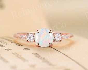 Vintage Australian Opal verlovingsring roségoud | Rond&marquise geslepen diamant/moissanite ring | Art deco Jubileumring | Prong set ring