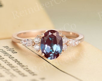 Vintage Alexandrite engagement ring|Oval cut rose gold ring | marquise cut unique diamond ring |  Moissanite wedding ring anniversary ring