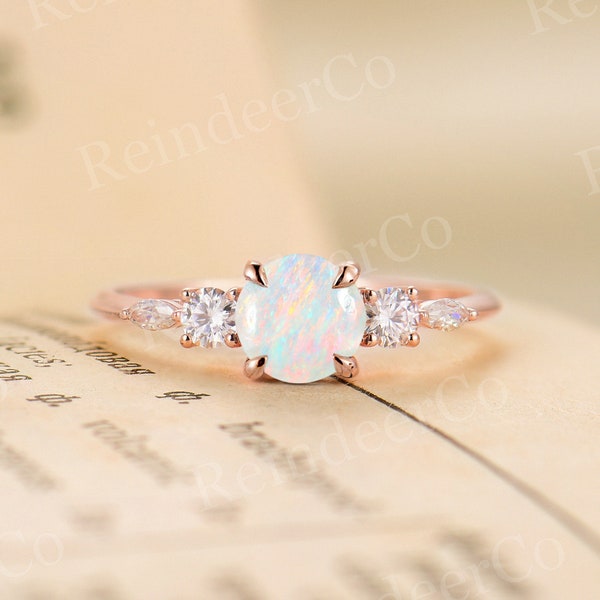 Vintage Australian Opal engagement ring rose gold | Round&marquise cut Diamond/Moissanite ring | Art deco Anniversary ring | Prong set ring