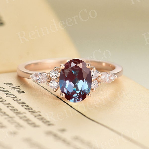 Vintage Alexandrite verlovingsring | Ovaal geslepen roségouden ring | marquise geslepen unieke diamanten ring | Moissanite trouwring jubileumring