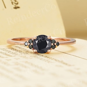 Vintage Round Cut Black Onyx Engagement Ring, Black Diamond Rose Gold Wedding Ring, Art Deco Anniversary Ring, Unique Promise Ring