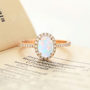 White Opal Engagement Ring,14K Solid Rose Gold Wedding Ring,Oval Cut Opal Ring,Halo Diamond/Moissanite Ring,Half Eternity Anniversary Ring