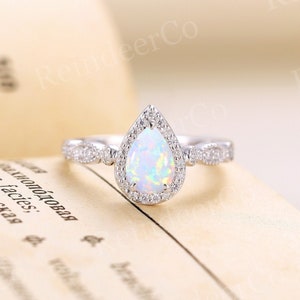 Lab Opal engagement ring white gold, Pear shaped ring vintage, Art deco ring, Halo set Diamond Moissanite, Anniversary
