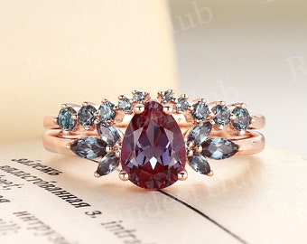 Pear Cut Lab Alexandrite Engagement Ring Set Rose Gold Cluster Ring Unique Marquise Cut Ring Open Curved Band Anniversary Bridal Set