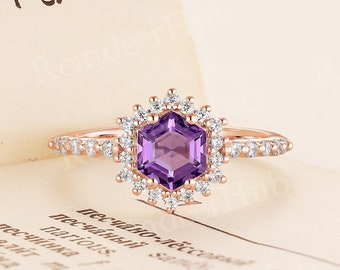 Hexagon Amethyst Engagement Ring Vintage Rose Gold Halo Bridal Ring Unique Round Moissanite Wedding Ring Birthstone Ring Anniversary Ring