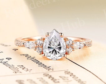 Pear cut moissanite engagement ring rose gold pave band marquise cut round cut cluster ring unique half eternity anniversary promise ring