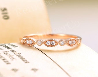 Vintage Milgrain Round Diamond Wedding Band - Unique Rose Gold Stacking Matching Promise Anniversary Ring