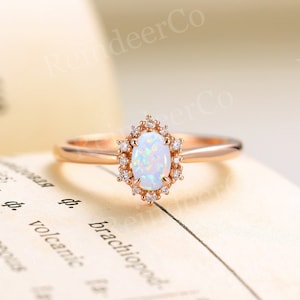 Lab Opal engagement ring rose gold, Art deco ring Vintage, Oval cut ring, Halo set diamond/moissanite, Anniversary s