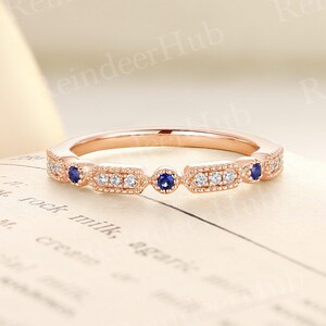 Dainty Sapphire Wedding Band,14K Rose Gold Round Moissanite Ring,Vintage Milgrain Half Eternity Stacking Matching Band,Bridal Promise Ring