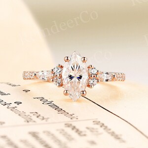 Marquise cut moissanite engagement ring vintage rose gold half eternity ring cluster ring antique pave ring unique anniversary promise ring