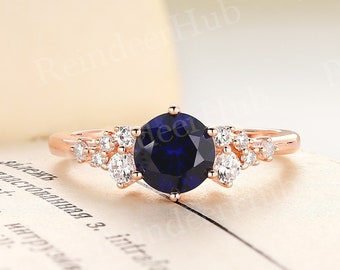 Round Lab Sapphire Engagement Ring Rose Gold Cluster Ring Vintage Moissanite Bridal Ring Gift For Her Birthstone Promise Anniversary Ring