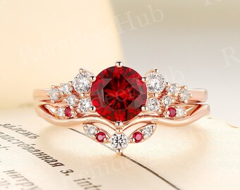 Vintage Lab Ruby Engagement Ring Set Rose Gold Cluster Ring Unique Round Cut Moissanite Bridal Set Curved Band Anniversary Promise Ring