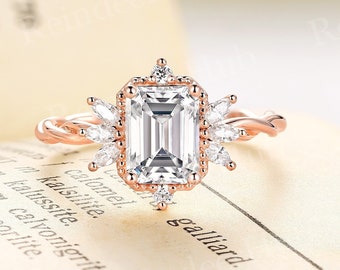 Twist emerald cut moissanite engagement ring rose gold vintage milgrain ring marquise cut cluster ring anniversary promise bridal ring